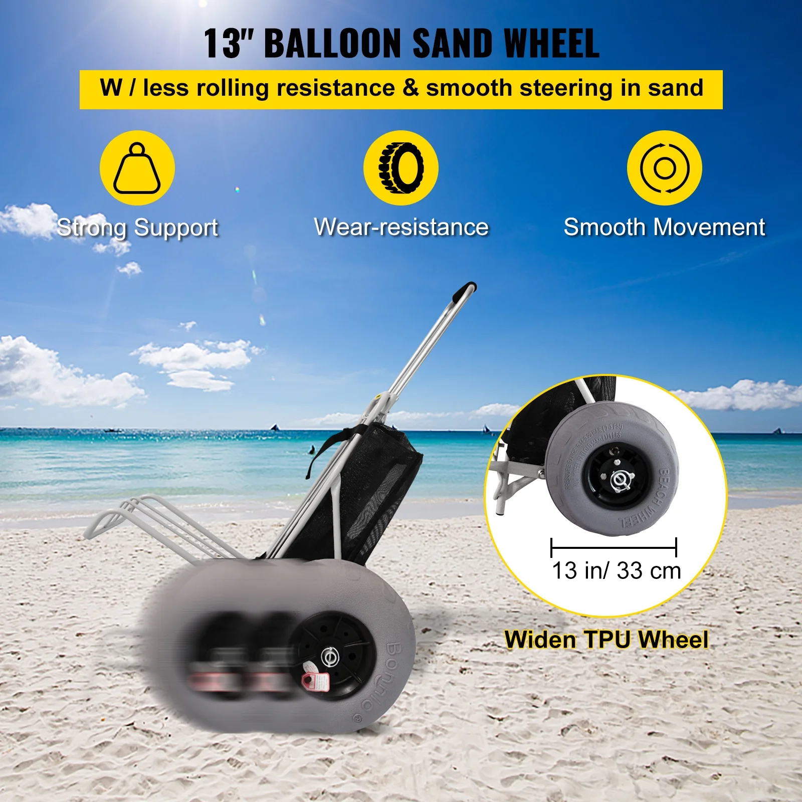 VEVOR Beach Carts for the Sand, w/ 12" TPU Balloon Wheels, 165Lbs Loading Capacity Folding Sand Cart & 29.5" to 49.2" Adjustable Height, Heavy Duty Cart for Picnic, Fishing, Beach
