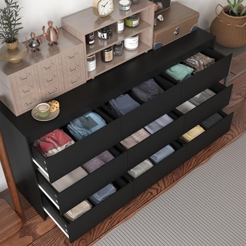 Hitow 9 Drawer Dresser for Bedroom with Deep Drawers, Large Floor Wood Dressers & Chest of Drawers Handle Free, Modern Black Long Dressers for Closet Living Room, Euro Slide (63"W x 15.7"D x 31.5"H)