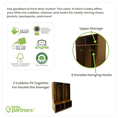 Little Partners Kids Wooden Locker, Two Cubby, 6 Compartment Open Storage Coat Locker for Toddlers and Kids, Durable Construction (Earl Grey)