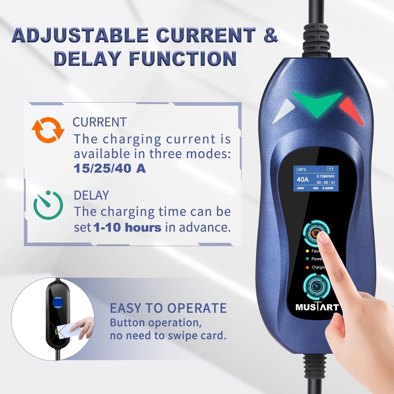 MUSTART Level 2 Portable EV Charger (240 Volt, 25ft Cable, 15/25/40 Amp Adjustable) Electric Vehicle Charger Plug-in EV Charging Station with Delay Function (NEMA 14-50P)