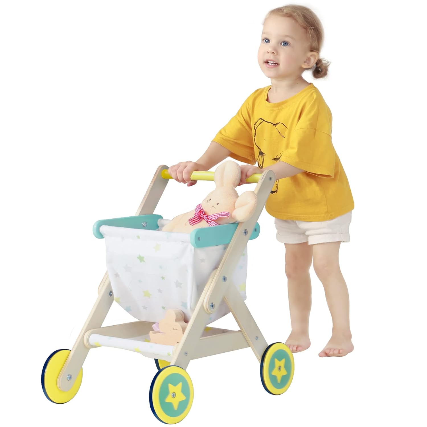 labebe Kids Push Walker & Baby Wooden Shopping Cart 2-in-1, Toddler Wood Trolley Toys to Learning Walk for Girls & Boys 1-3 Years Old