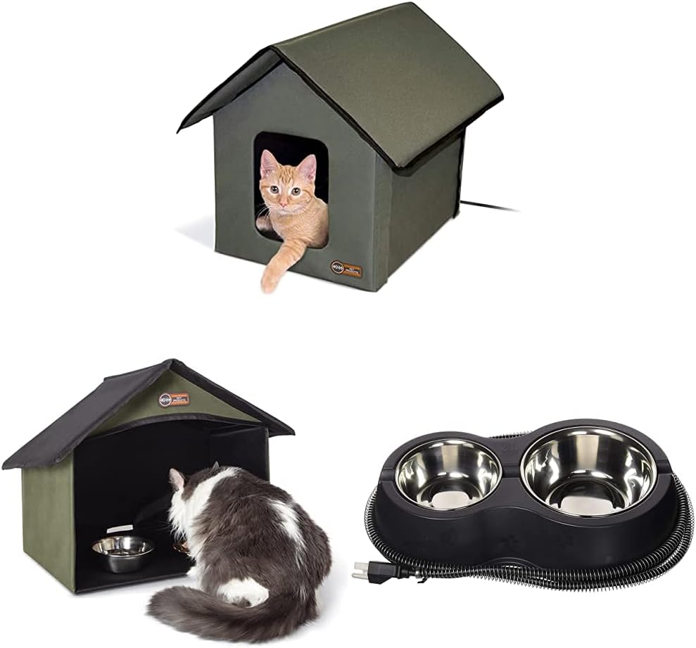 K&H PET PRODUCTS Outdoor Heated Kitty House, Outdoor Dining Room & Heated Thermo-Kitty Café, Olive
