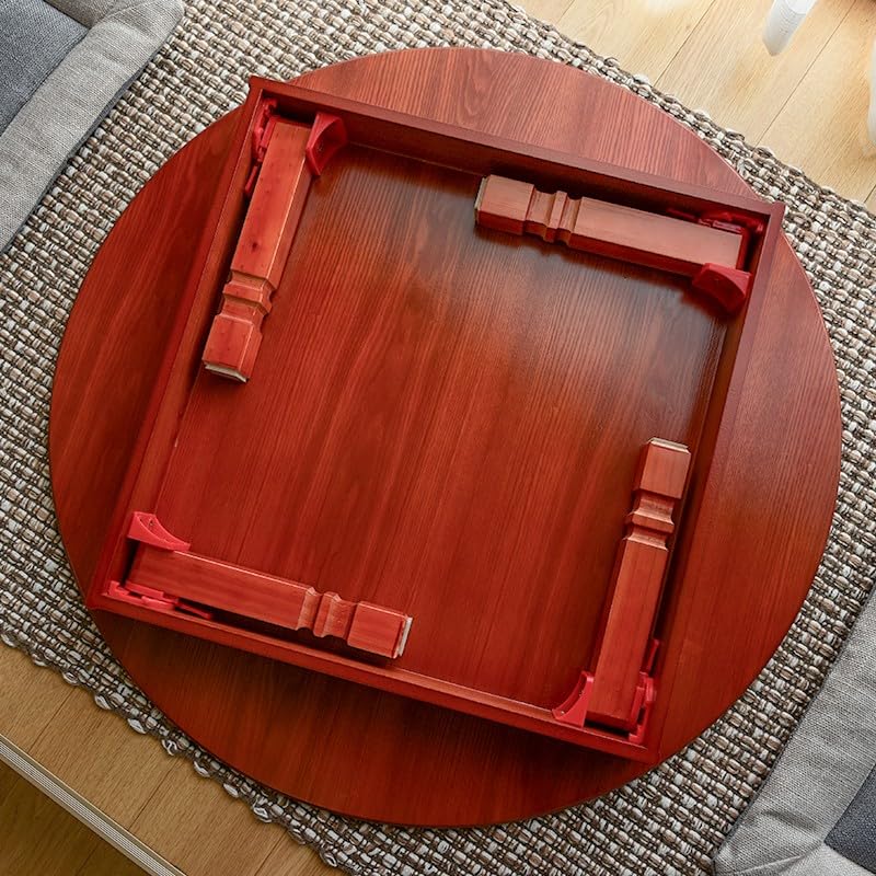 Round Korean Coffee Table Folding Leg Asia Antique Furniture Floor Table for Dinning Traditional Living Room Wood Table (60x60x26cm)
