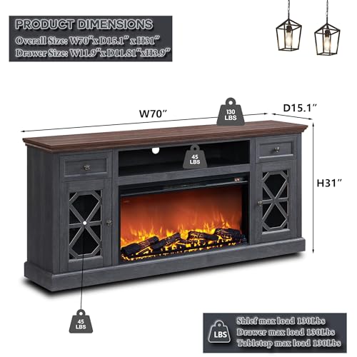 Farmhouse Fireplace TV Stand with 36" Electric Fireplace for 80 Inch TVs, 31" Tall Entertainment Center w/Drawer & Diamond Panel Door, Highboy Media Console for Living Room, 70inch, White