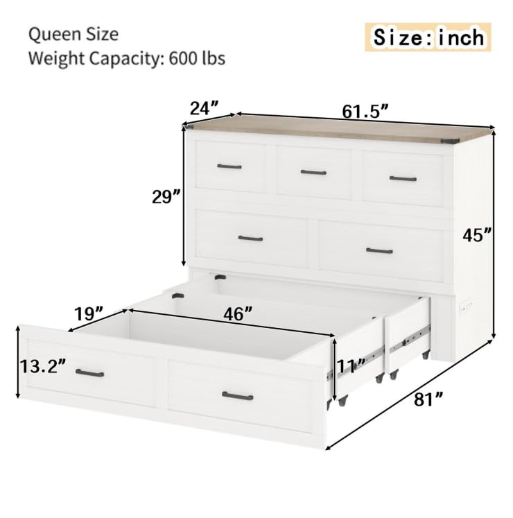 Bellemave Queen Murphy Bed, Cabinet Bed with Charging Station and Storage, Farmhouse Murphy Cabinet with Foldable Panel, Noisy Free, for Guest Bedroom, Living Room, Office, Rustic Gray