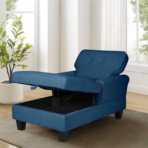 63" Sleeper Chaise Lounge Indoor，2 in1 Modern Corduroy Fabric Upholstered Recliner Sofa Bed with Adjustable backrest & Storage Space for Bedroom, Living Room，Office (Blue Corduroy)