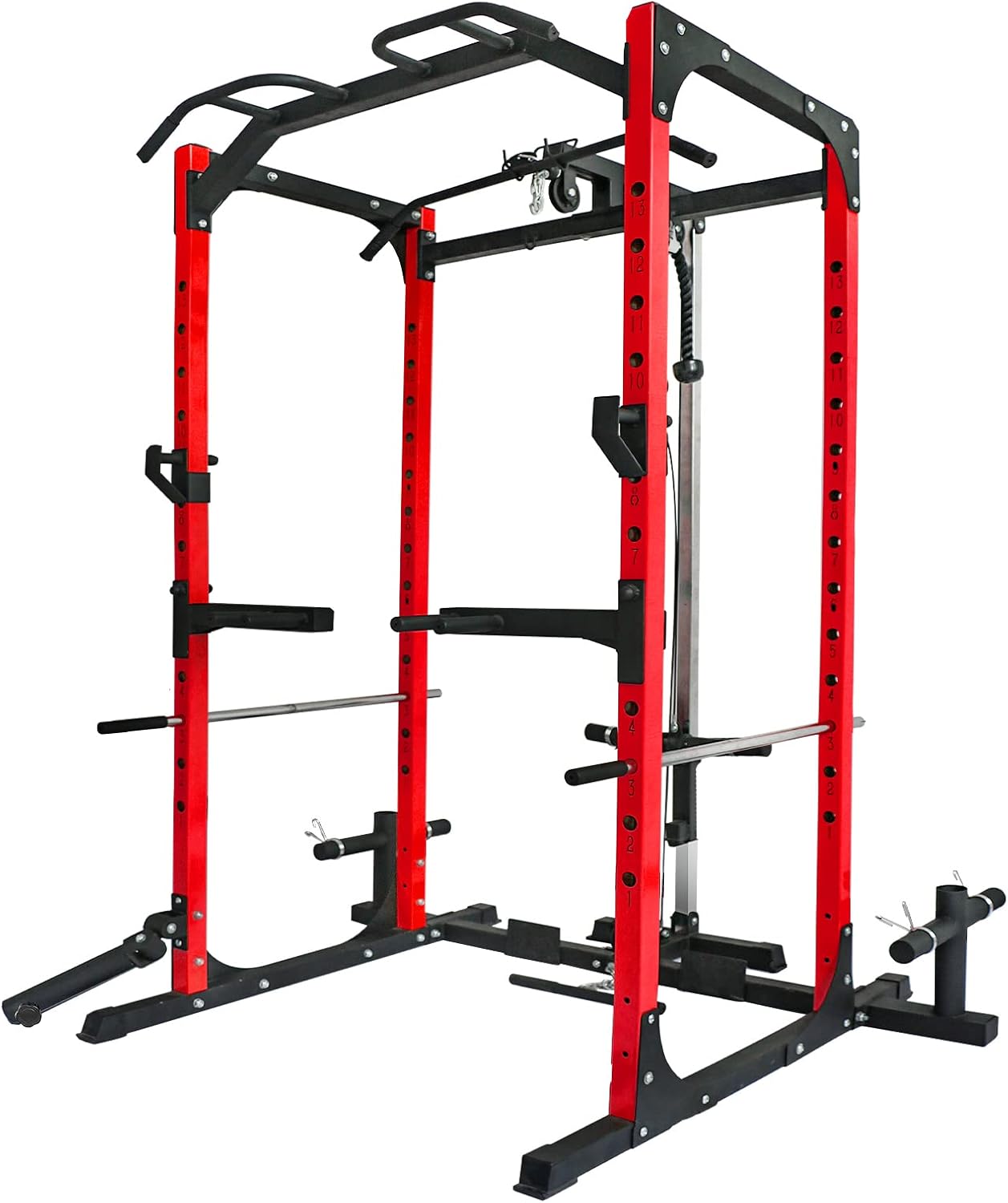 Mikolo Power Cage with LAT Pulldown System,1000LBS Capacity Power Rack, Multi-Functional Squat Rack with 13-Level Adjustable Height and J-Hooks, Dip Bars, T-Bar (2022 Version)