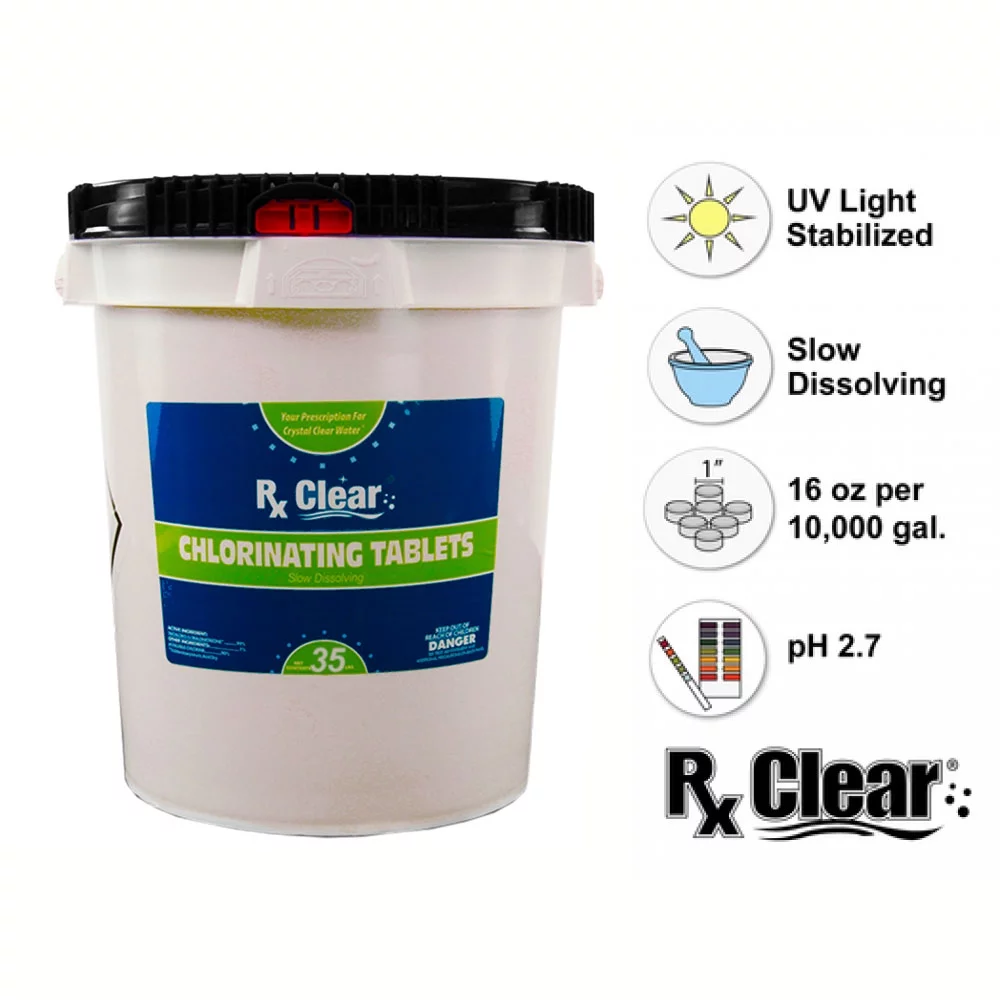 Rx Clear 1" Stabilized Chlorine Tablets for Use in Swimming Pools and Spas, 35 lb Bucket