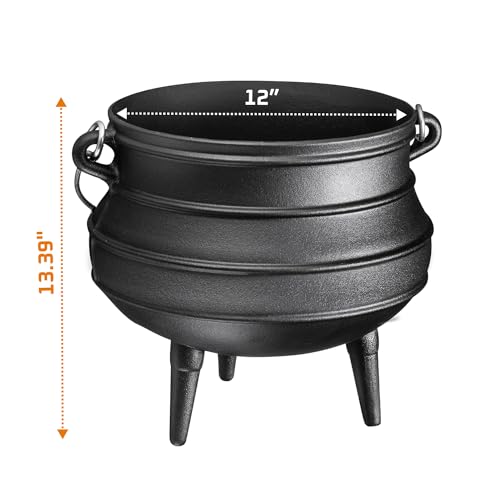 Bruntmor Pre-Seasoned Cast Iron Cauldron | African Potjie Pot with Lid | 3 Legs for Even Heat Distribution - Premium Camping Dutch oven Cookware for over-the-fire Cooking - 10 Quarts (X-Large)