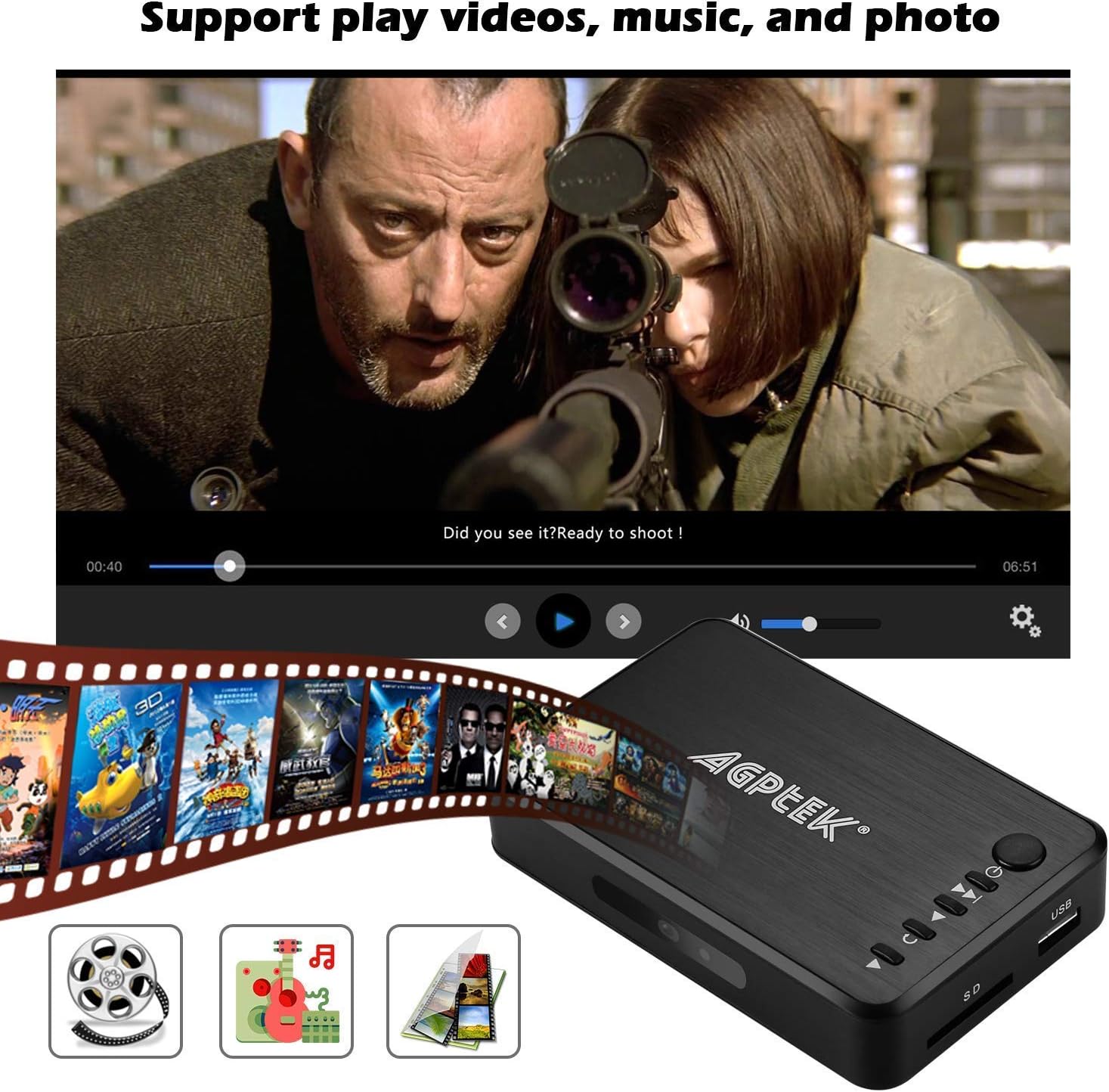 AGPTEK 1080P Media Player Read USB drive/SD card with HD HDMI/AV/VGA Output for RMVB/ MKV /JPEG etc with Remote Control