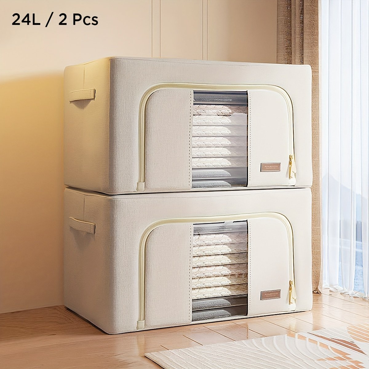 2-Pack Steel Frame Storage Bins with Clear Window, Foldable Stackable Fabric Organizers with Handles for Clothes, Linens &amp; Under-Bed Storage