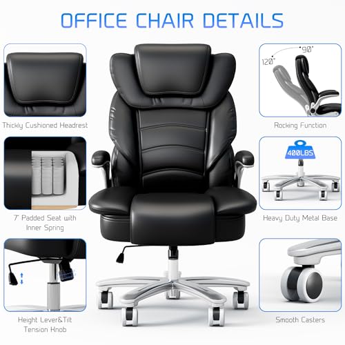 Big and Tall Office Chair 400lb Wide Seat, High Back Leather Executive Office Chair with Flip-up Arms, Ergonomic Computer Desk Chairs for Home Office, Brown