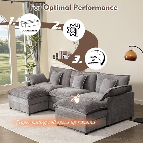 108" U Shaped Couch, Modular Sectional Sofa, 3-Seater Comfy Cloud Couch with Movable Ottoman, Deep Seat Couches for Living Room, Chenille, Black