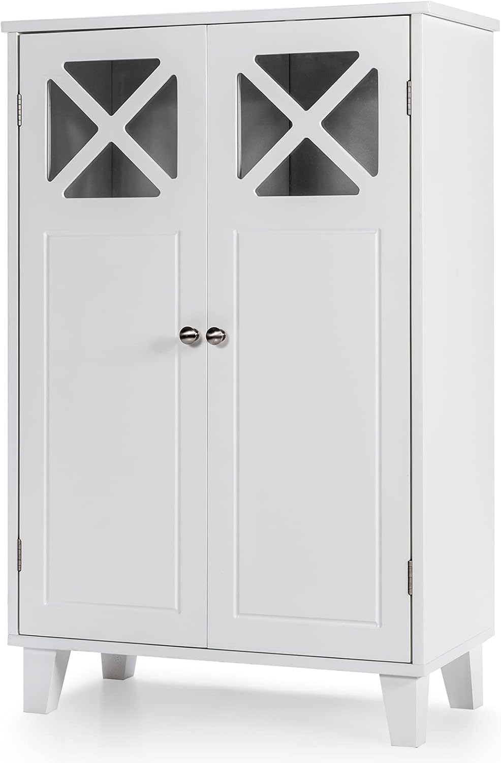 Tangkula Bathroom Floor Cabinet, Wooden Free Standing Bathroom Storage Cabinet with Double Doors & Visible Windows, Adjustable Shelf Floor Storage Organizer for Bathroom Living Room (White)