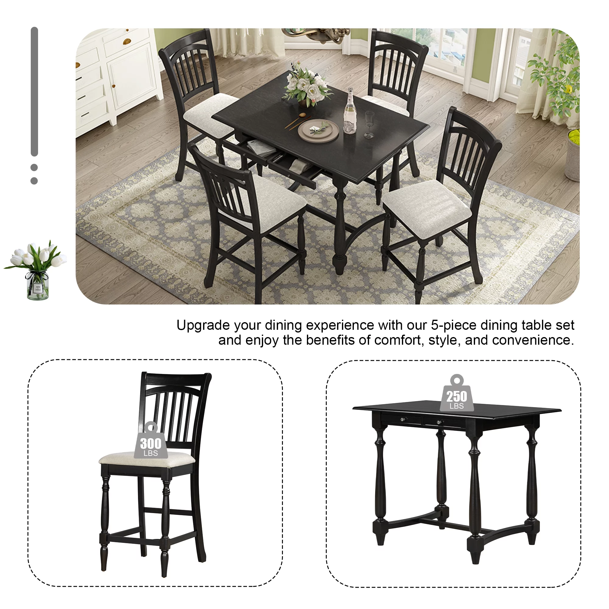 Churanty Farmhouse 5 Pieces Wood Counter Height Dining Table Set for 4,Kitchen Rectangle Table with Storage Drawers and 4 Upholstered Chairs, Espresso - Curated Treasures Market