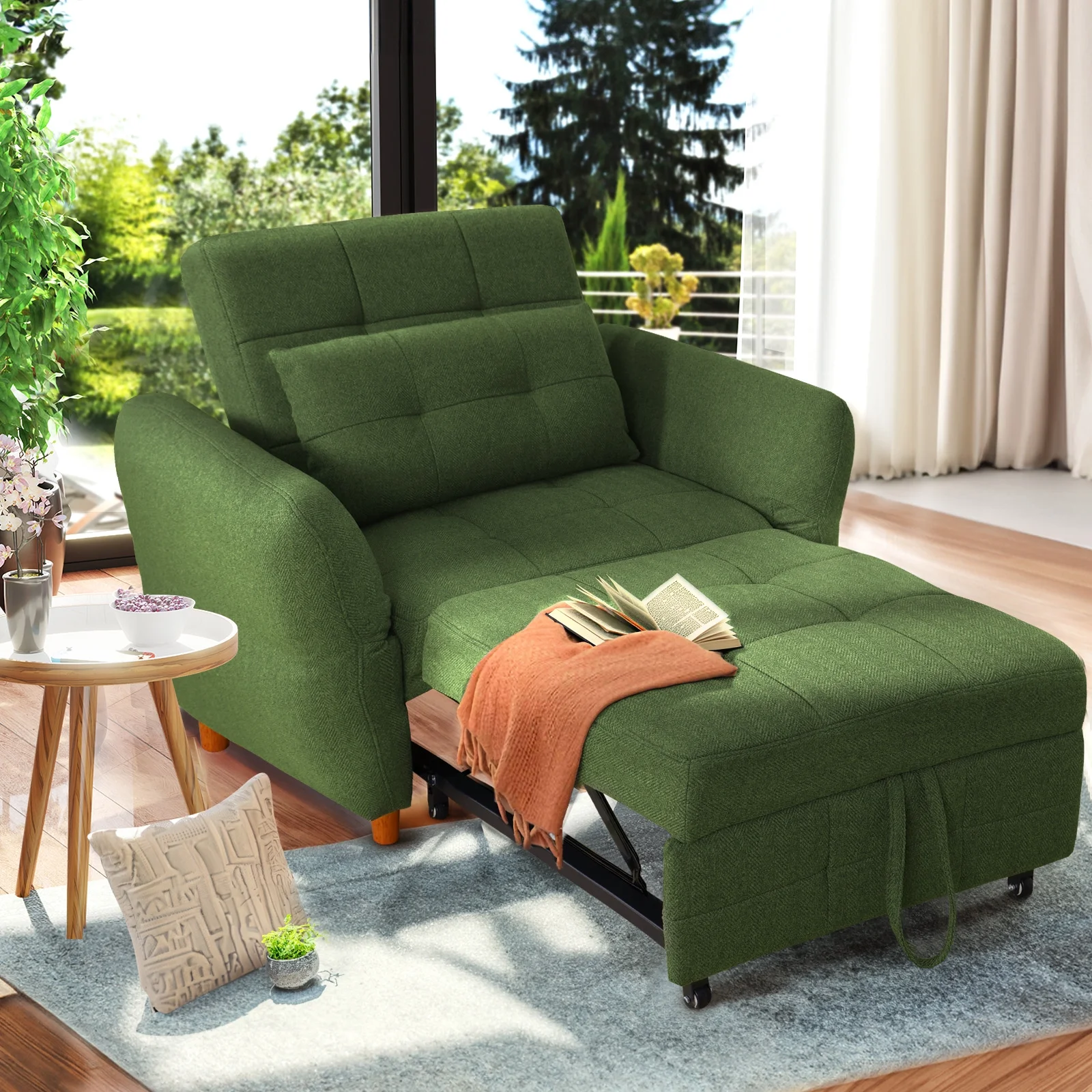 NOBLEMOOD 3-in-1 Sleeper Sofa w/ Adjustable Armrests,Pull Out Convertible Sofa Bed w/ 3 Level Adjustable Backrest & Thickened Pillow for Living Room or Apartment, Green