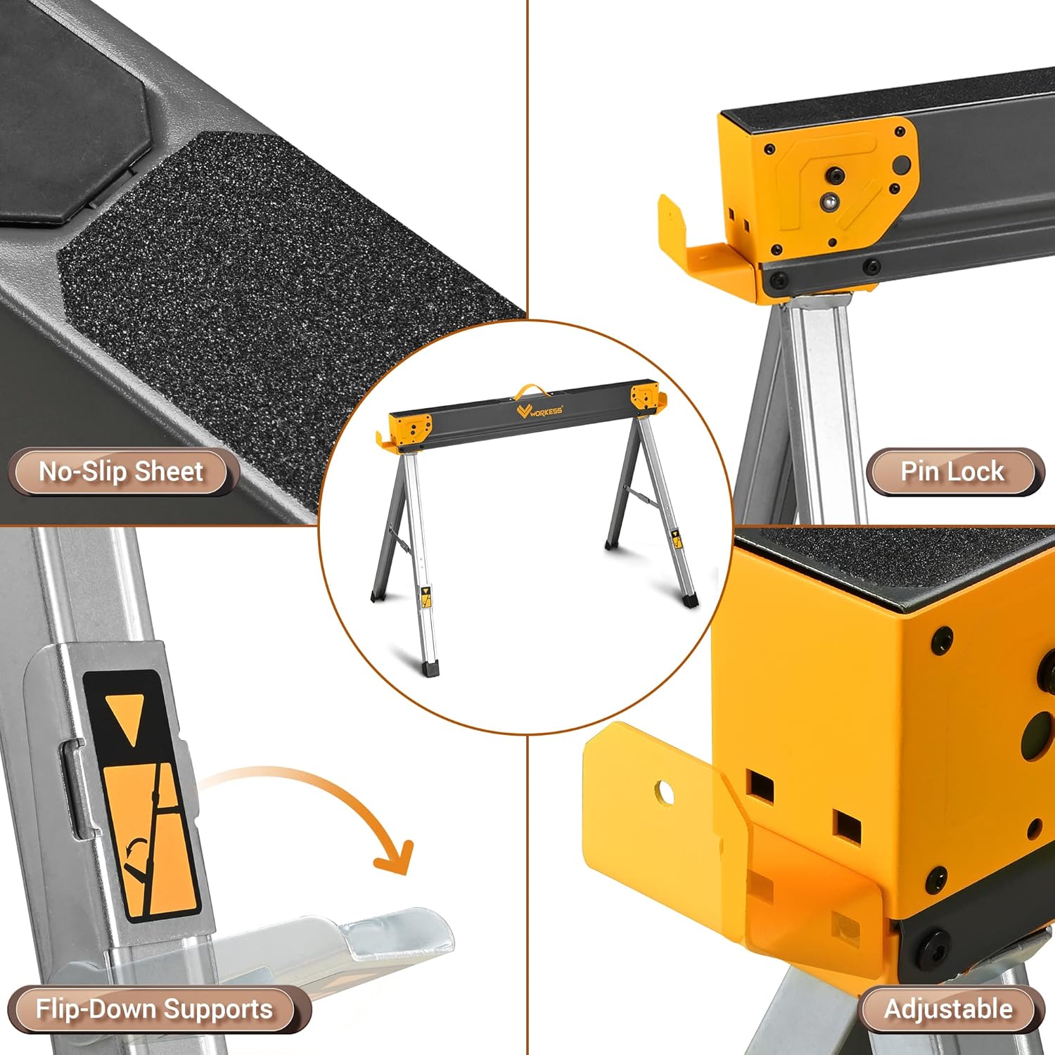 WORKESS Sawhorse Portable Folding Workbench, 1300lbs Capacity 2 Positions Building Your Work Station, Two Legs with Material Supports -2 Pack
