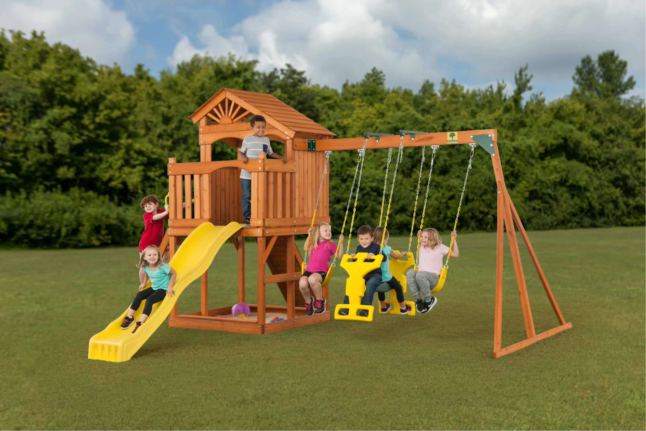 Creative Cedar Designs Timber Valley Wooden Playset with Wooden Roof, Glider Swing, Sandbox, Climbing Wall, Ladder, Slide & Belt Swings