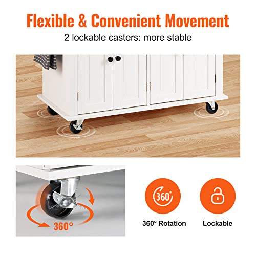 VEVOR Kitchen Island Cart with Solid Wood Top, 35.4" Width Mobile Carts with Storage Cabinet, Rolling Kitchen Table with Spice Rack, Towel Rack, and Drawer, Portable Islands on Wheels, White