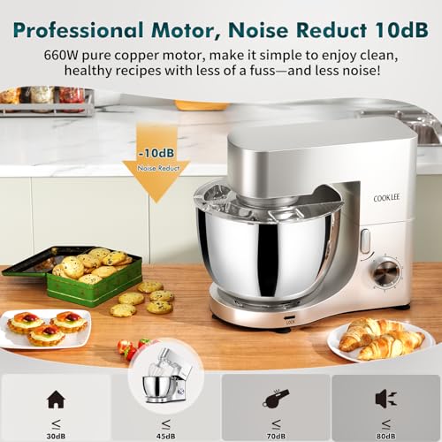 COOKLEE Stand Mixer, 9.5 Qt. 660W Electric Kitchen Mixer with Dishwasher-Safe Dough Hooks, Flat Beaters, Wire Whip & Pouring Shield Attachments for Most Home Cooks, Silver