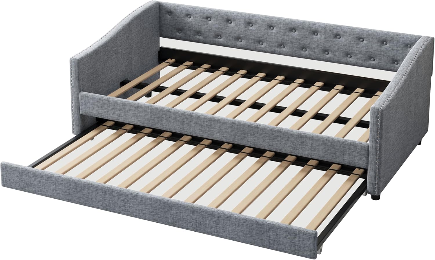Twin Size Daybed with Twin Size Trundle Upholstered Tufted Sofa Bed, with Button on Back and Copper Nail on Waved Shape Arms, Light Grey