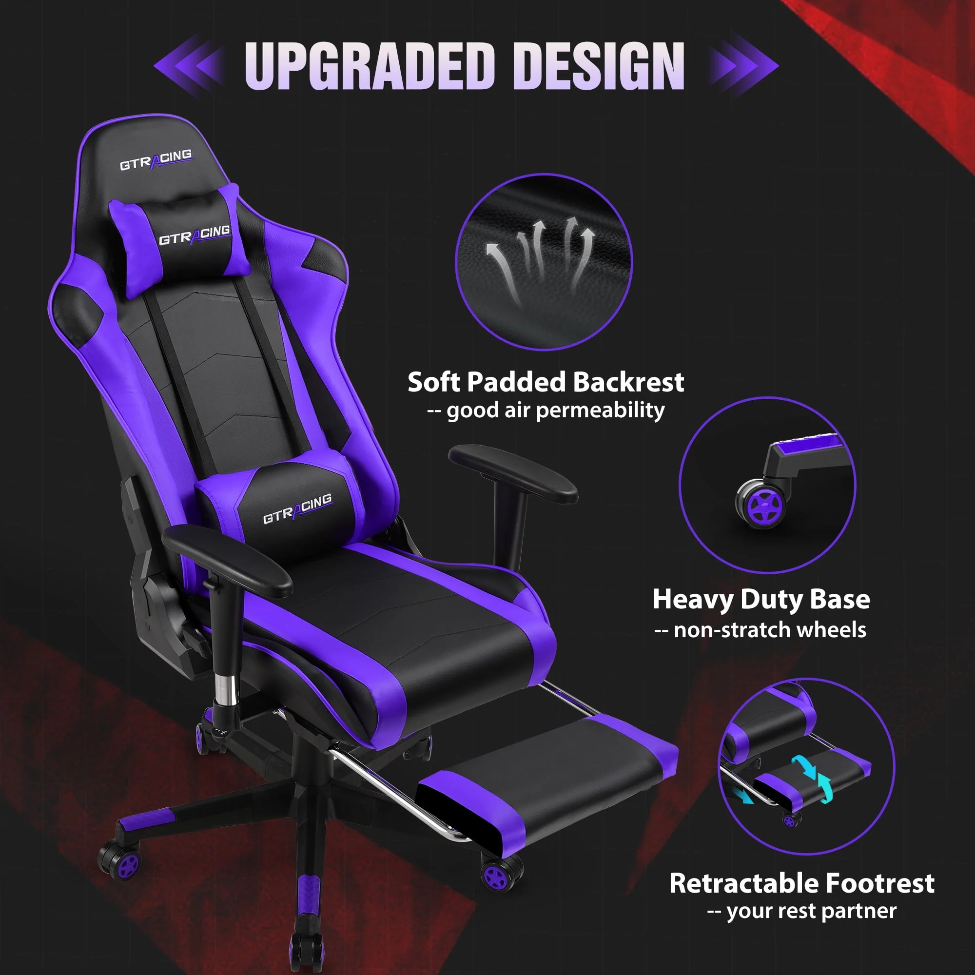GTRACING Gaming Chair Office Chair PU Leather with Footrest & Adjustable Headrest, Red