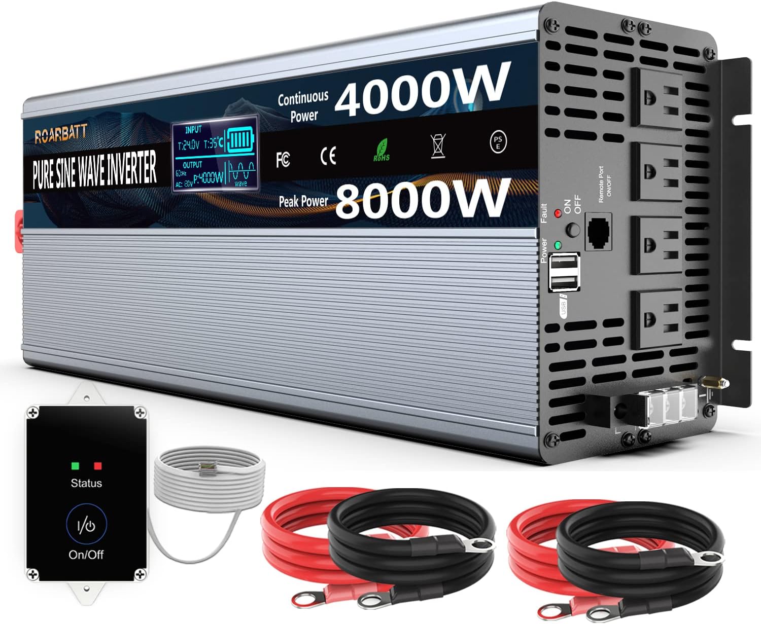 Pure Sine Wave Power Inverters 4000Watt 12V DC to AC 110V 120V Peak Power 8000Watt with Remote Control 4 AC Outlets and Dual USB Port for CPAP RV Car Solar System Emergency