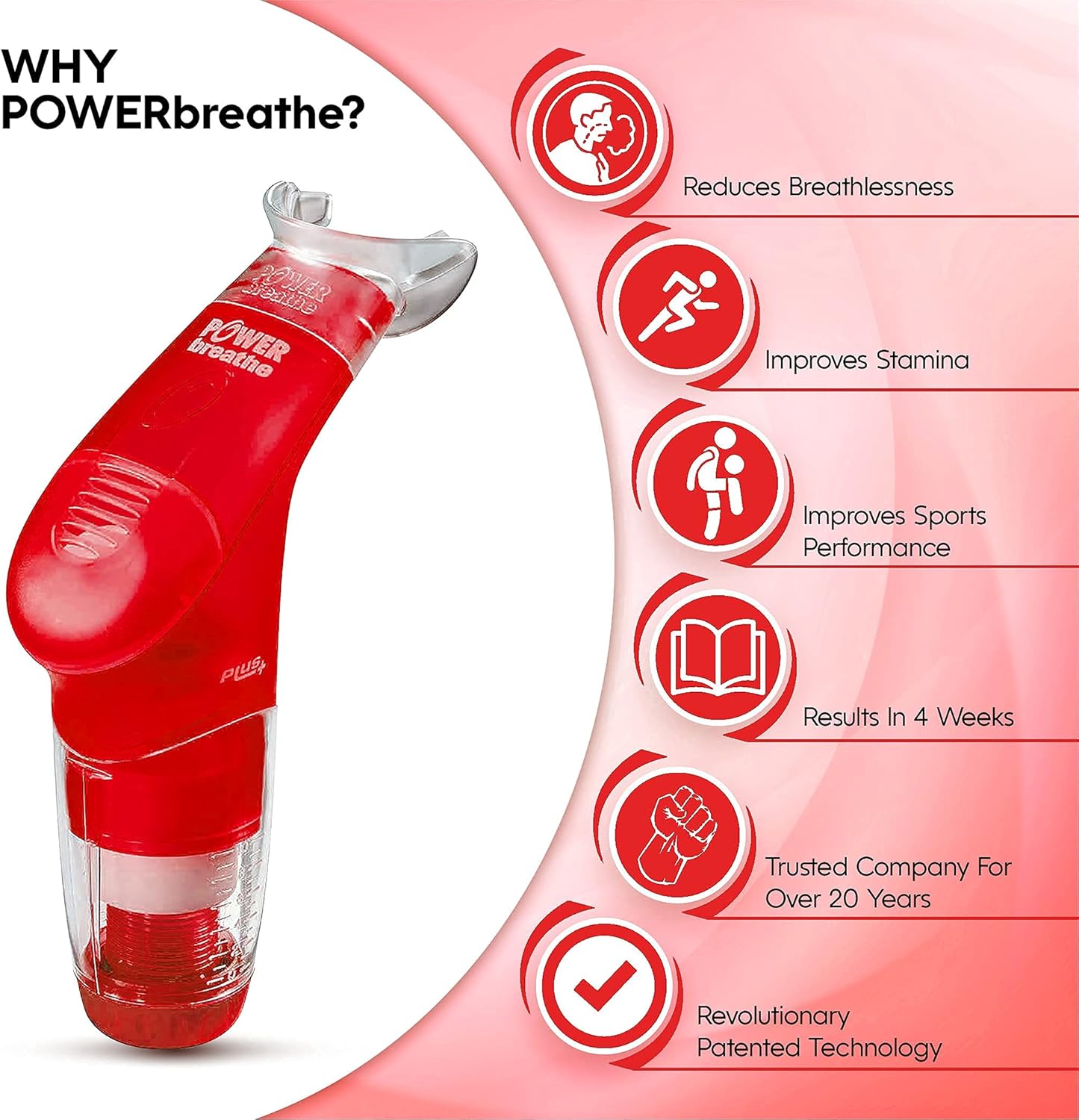 POWERBREATHE - Breathing Exercise Device, Breathing Trainer and Therapy Tool to Strengthen Breathing Muscles and Help Lung Capacity, Handheld Inspiratory Muscle Trainer &ndash; Red, Heavy Resistance