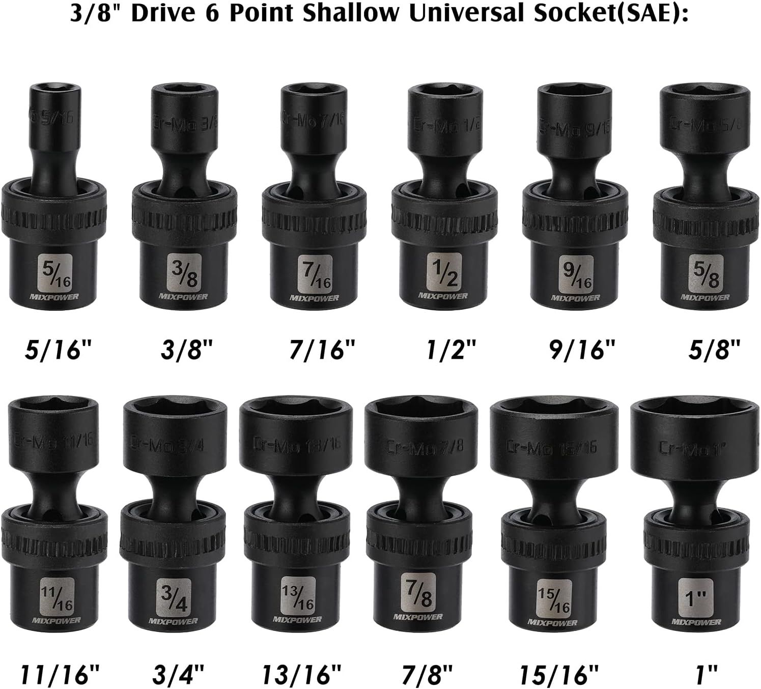 MIXPOWER 10-piece 3/8" Drive Shallow Universal Impact Socket Set, Metric,10-19mm, Swivel Socket with Flexible Wobble, CR-MO