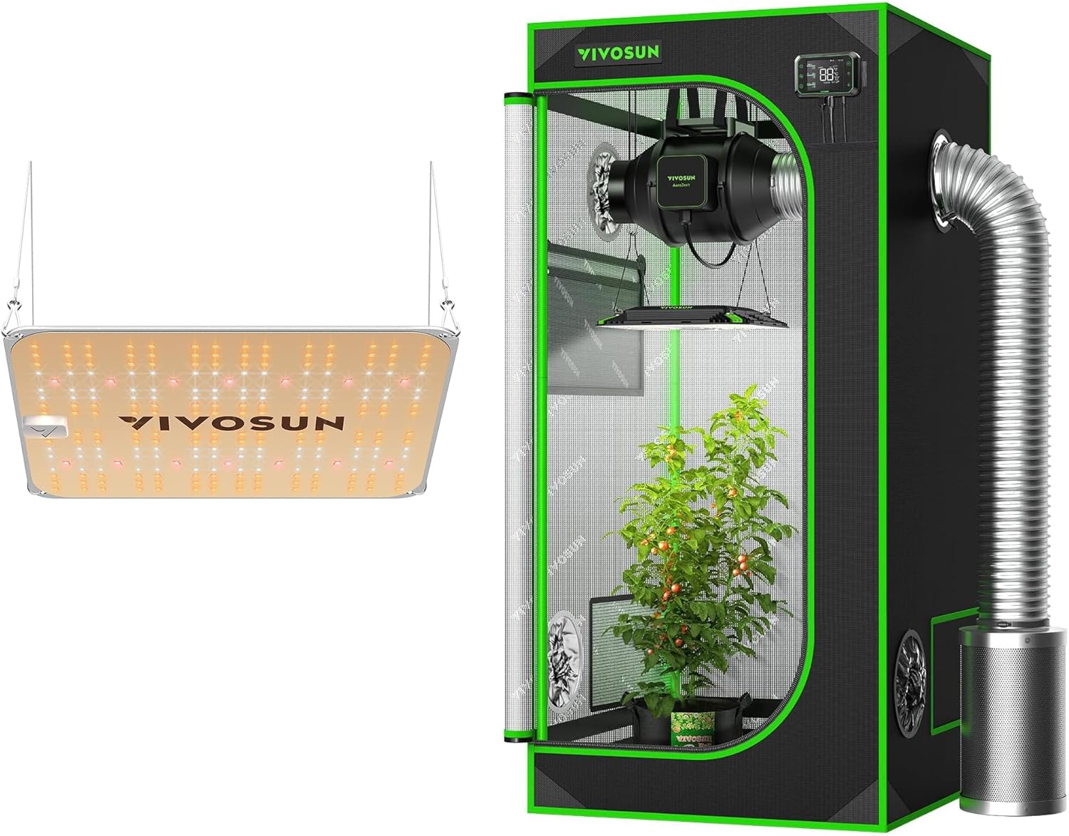 VIVOSUN 24" x 24" x 48" Hydroponic Mylar Grow Tent with VS1000E LED Grow Light, 2' x 2' Grow Tent with Observation Window and Floor Tray, 2 x 2 FT LED Plant Light with Samsung Diodes