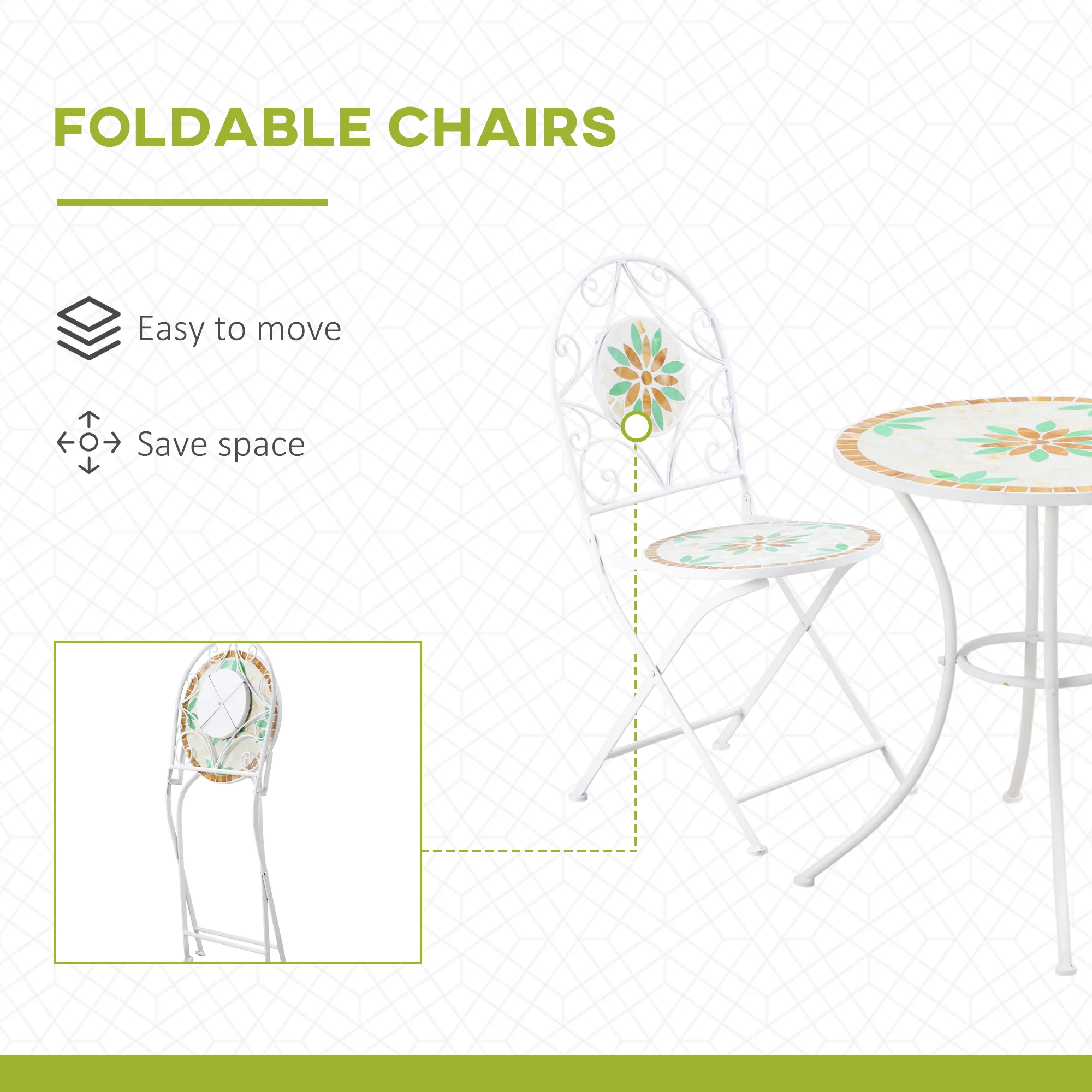 Outsunny Folding 3 Piece Bistro Set, Stone Table & Chairs, Flower Mosaic