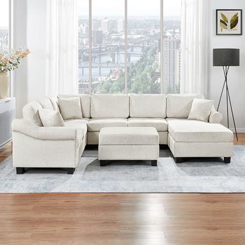 Oversized U-Shaped Sectional Sofa Couch Plush Corduroy Upholstered Modular Deep Seat Sofa&Couch Sectional W/Right Facing Chaise Lounge and 7 Toss Pillows for Home Apartment Living Room Furniture Sets