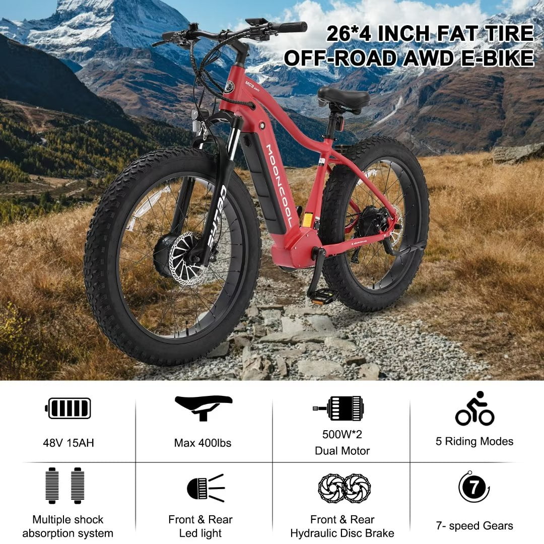FICISOG 26" x 4" Adult Fat Tire Electric Bike , 500Wx2 Dual Motor AWD MTB, All Terrain Mountain Ebikes, 48V 15AH Removable Battery, 20MPH 7-Speed Electric Bicycle,Single Motor Range 30-45 Miles