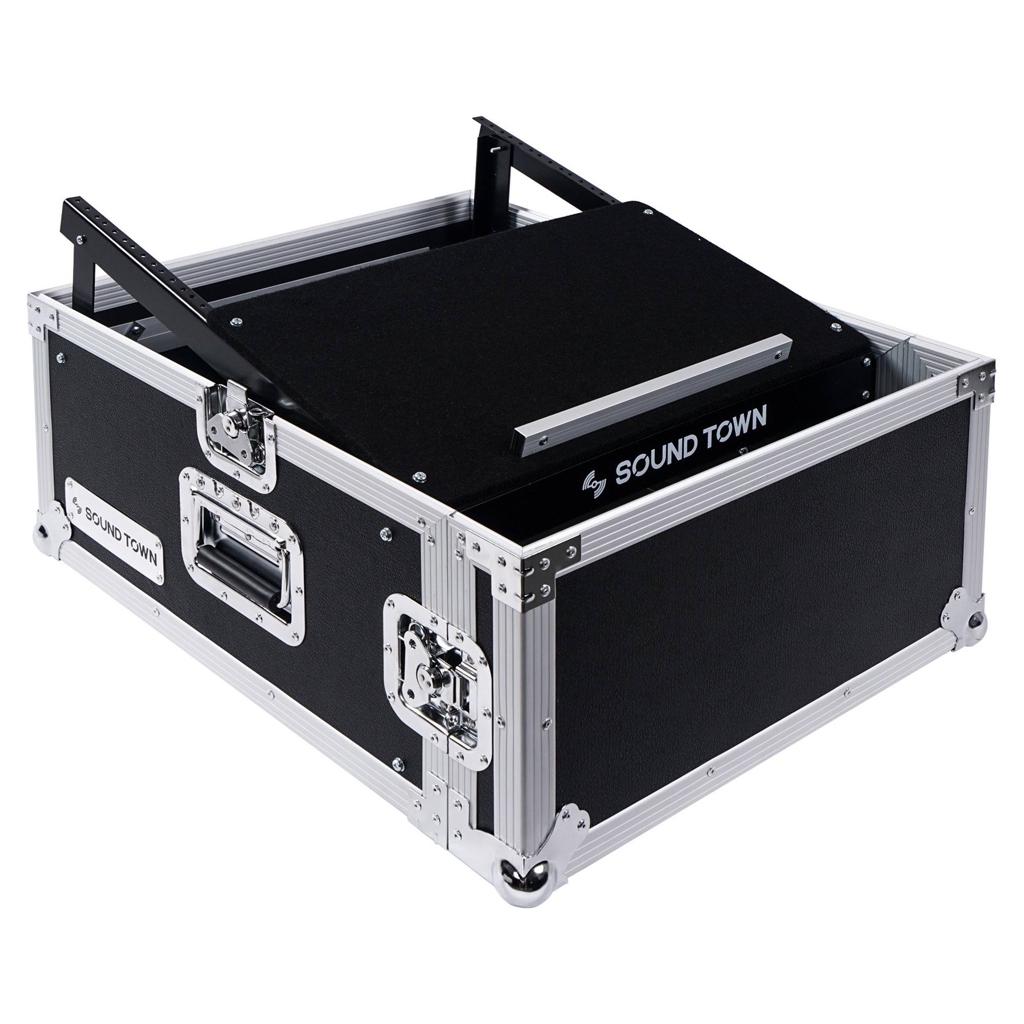 Sound Town 4U PA DJ Rack/Flight/Road Case with 11U Slant Mixer Top, 20 Rackable Depth, 4-Space Size (stmr-4us)