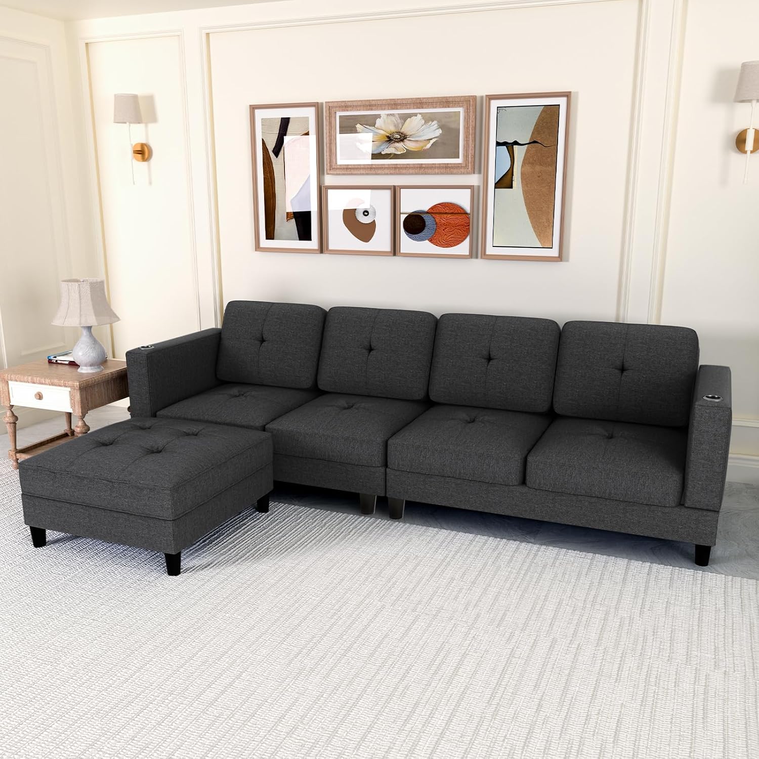 Convertible L Shaped Sofa with Ottoman, Linen Reversible Sectional Sofa with 2 Cup Holders, Modern L-Shape Couch 4 Seat Sectional Couches for Living Room Apartment - Dark Grey