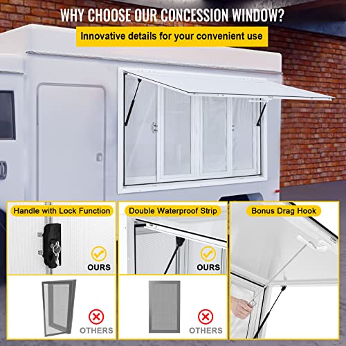 VEVOR Concession Window, 36 x 36 inch, Aluminum Alloy Food Truck Service Window with 4 Horizontal Sliding Screen Windows & Awning Door & Drag Hook, Serving Window for Food Trucks Concession Trailers