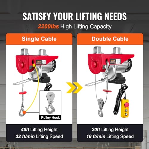 VEVOR Electric Hoist, 2200LBS Electric Winch, Steel Electric Lift, 110V Electric Hoist with Remote Control & Single/Double Slings for Lifting in Factories, Warehouses, Construction Site, Mine Filed