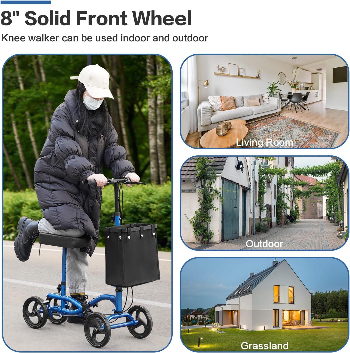 All Terrain Steerable Knee Scooter Deluxe Medical Scooter for Adults for Foot Injuries, Foldable Knee Walker Leg Crutch Alternative, 8" Solid Wheel, Blue
