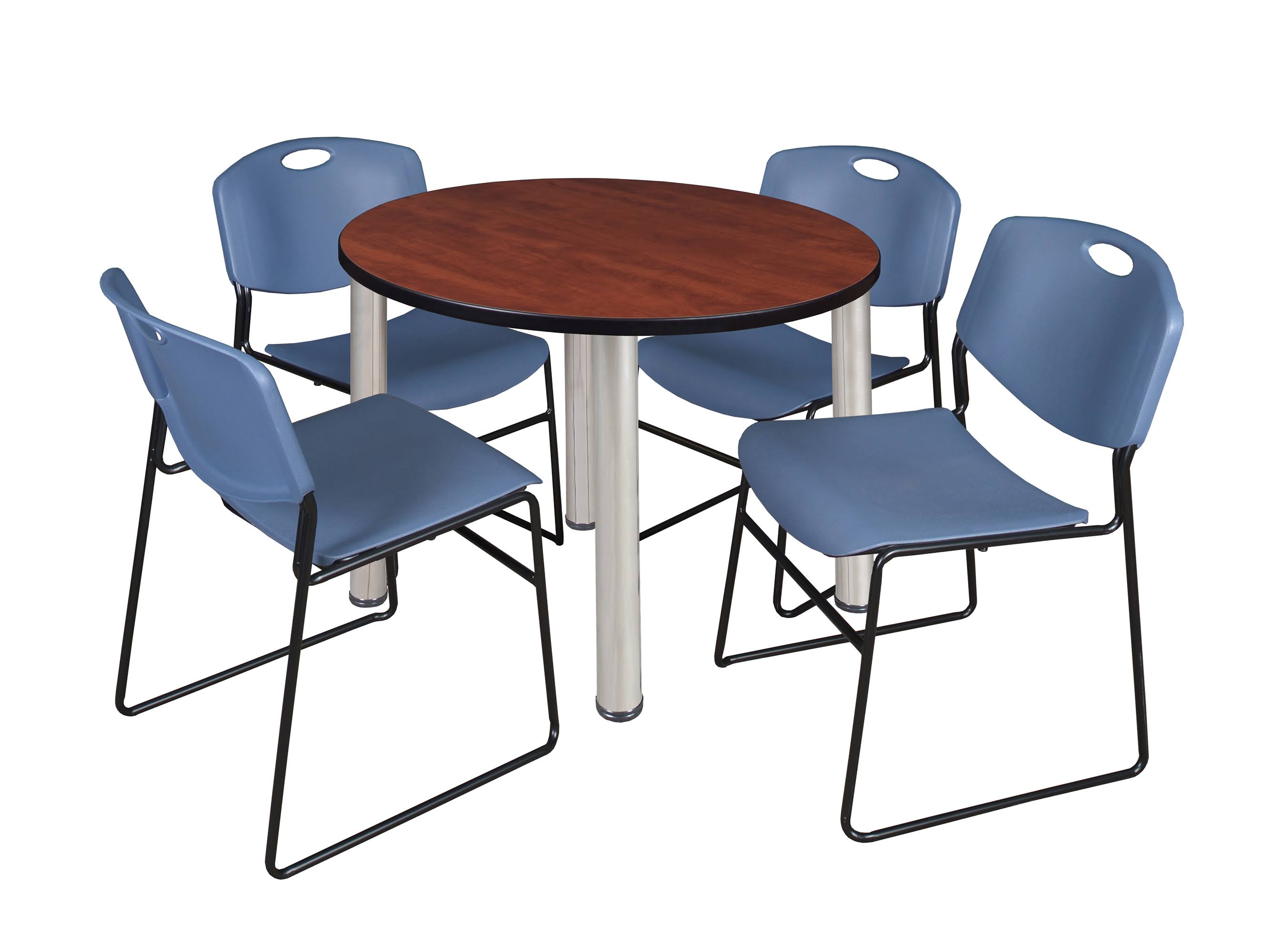Regency Kee 42x22 Round Breakroom Table- Beige/ Chrome u0026 4 Zeng Stack Chairs- Blue