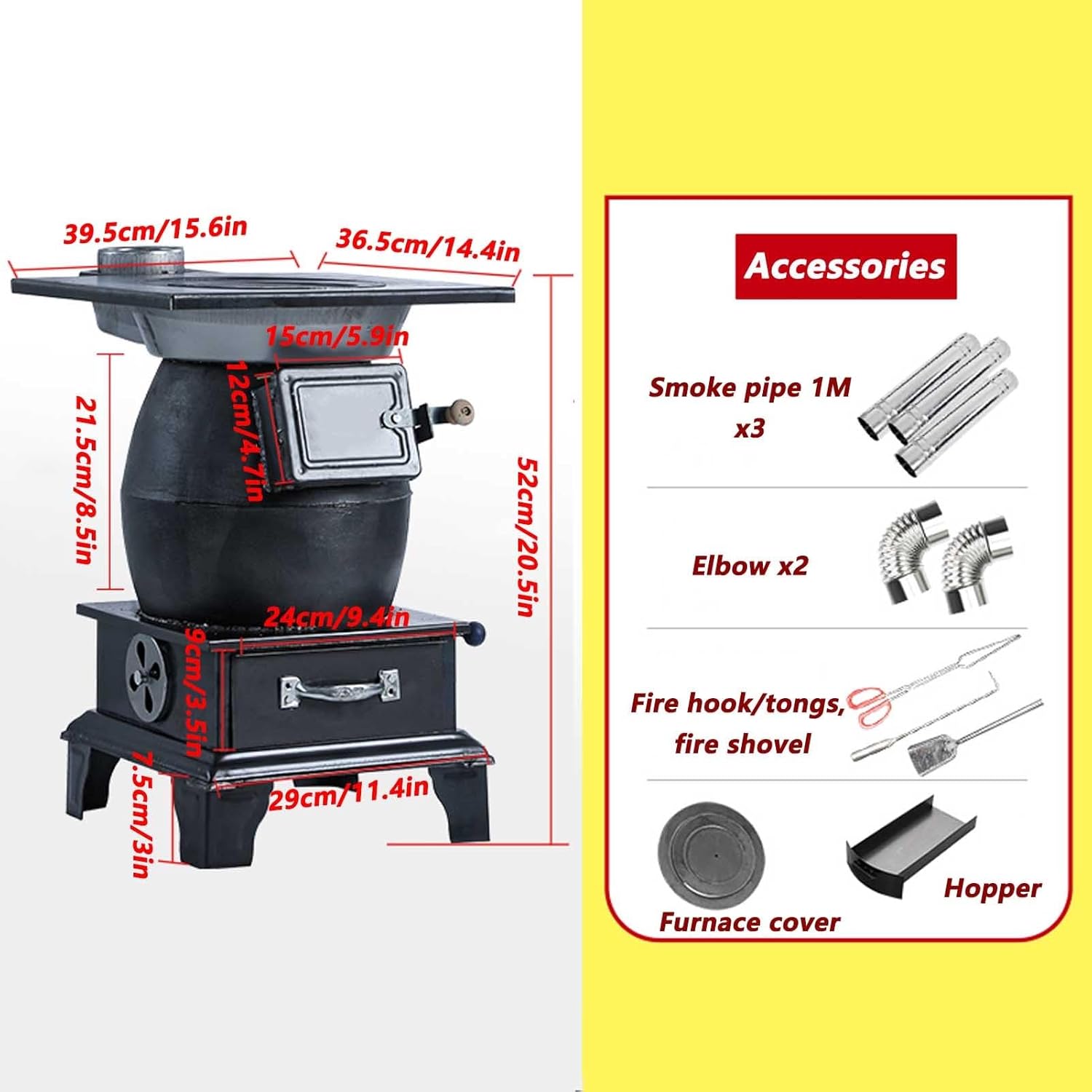 Outdoor Wood Burning Stove, Camping Wood Stove, Hot Tent Stove with Sectional Chimney Pipes, for Tent, Shelter, Hiking, Fishing, Heating and Cooking