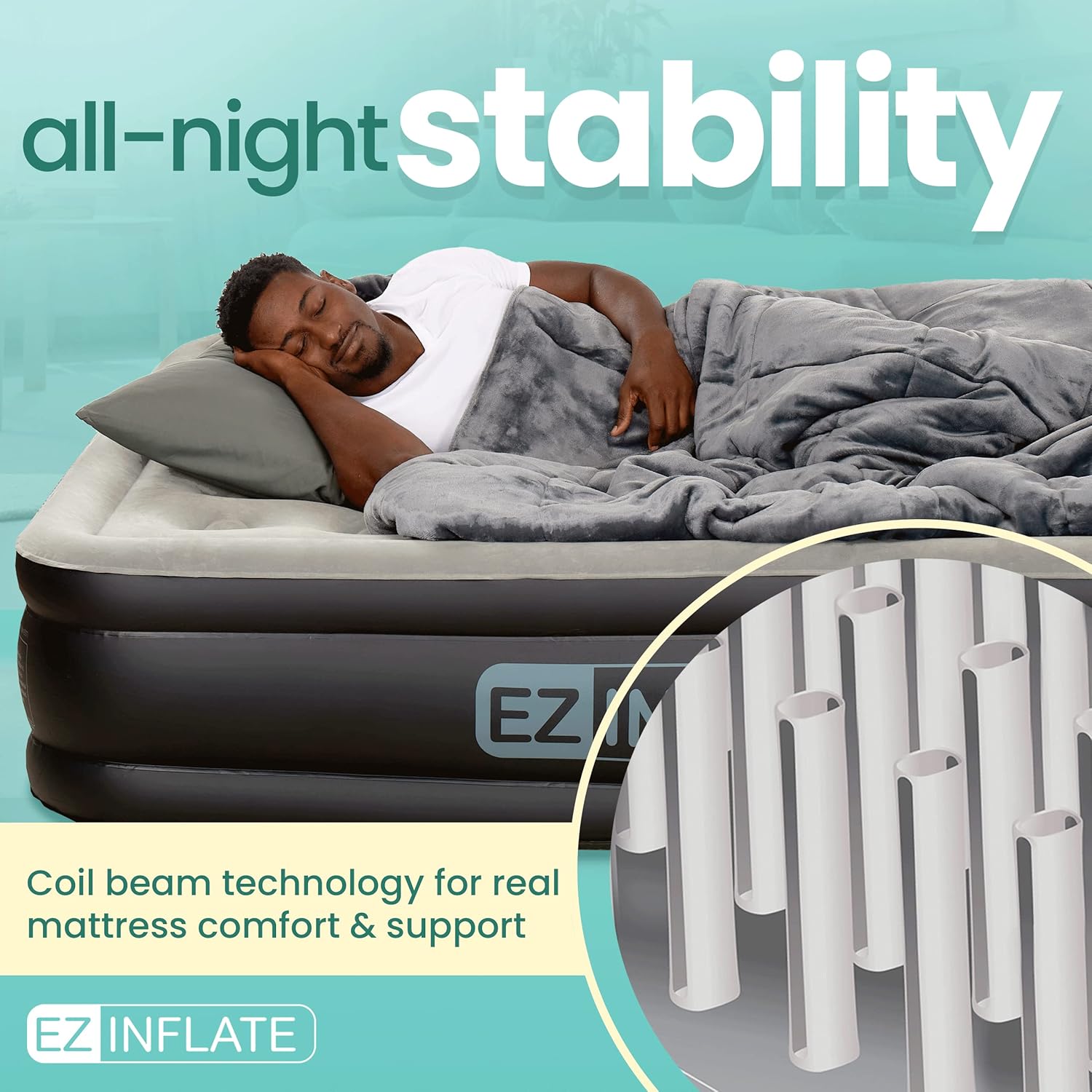 EZ Inflate Air Mattress with Built in Pump - Queen Size Double-High Inflatable Mattress with Flocked Top - Easy Inflate, Waterproof, Portable Blow Up Bed for Camping & Travel