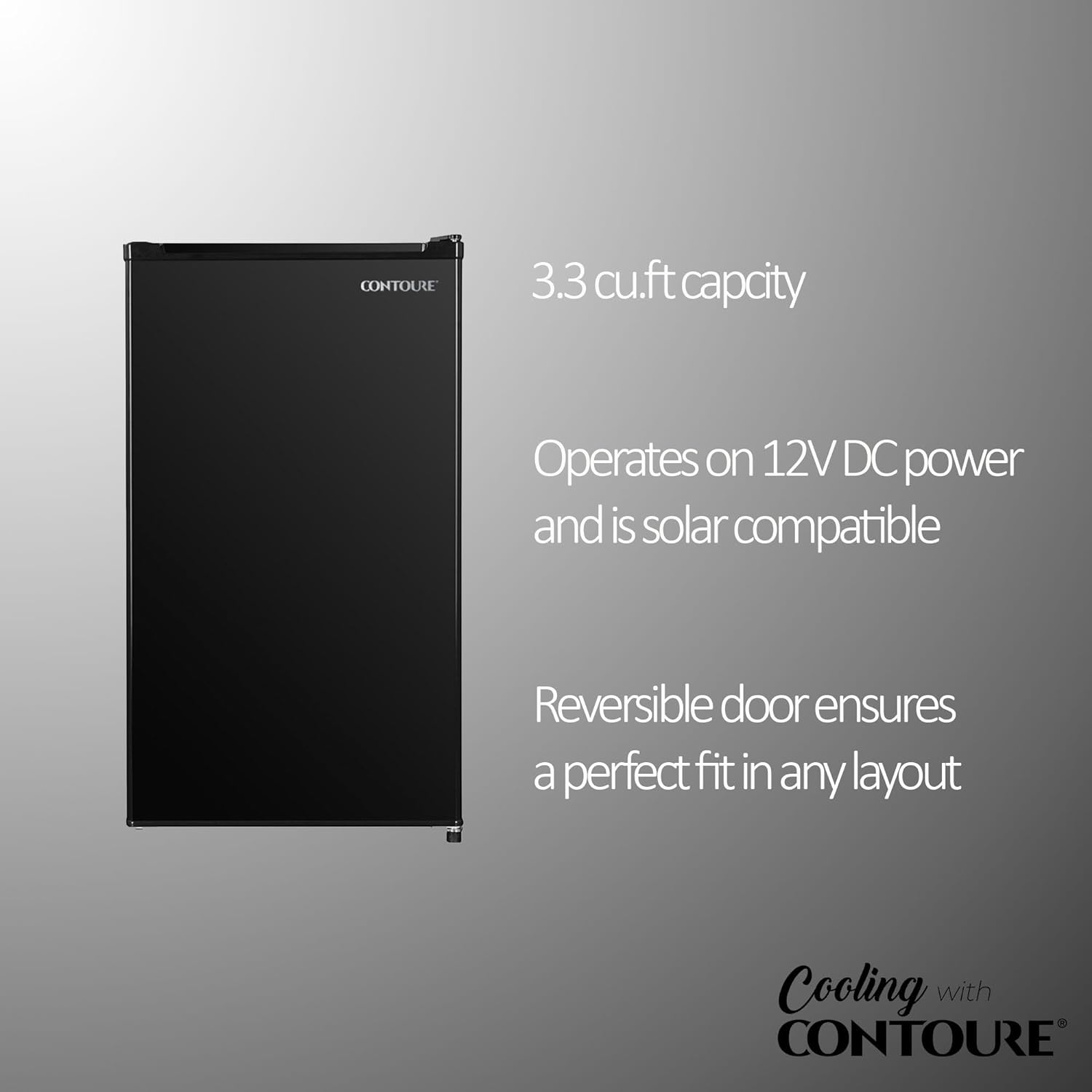 RV Compact Refrigerator, Black | 3.3 cu.ft. 12V | Customizable Cooling | Secure Glass Shelves | Reversible Door | R-330BK-12V