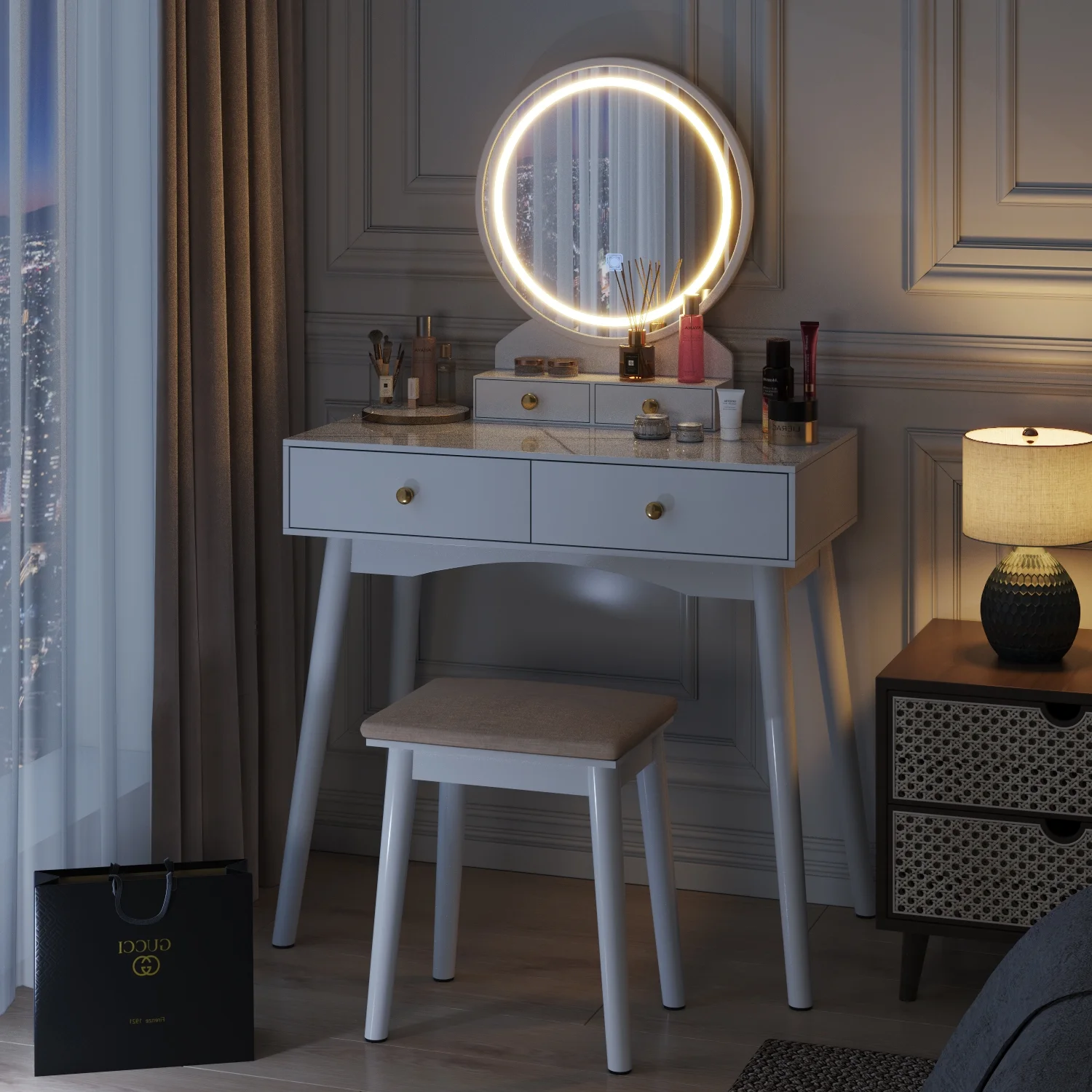 Furmax Vanity Table with Lighted Mirror, Vanity Desk with Stool, Dressing Table with 4 Drawers, Makeup Vanity Set, White Finish, for Bedroom
