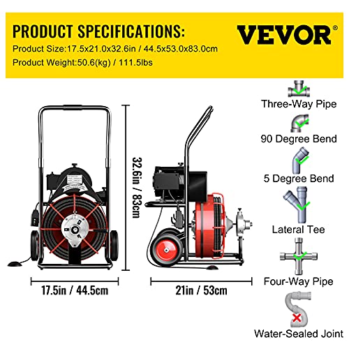VEVOR Drain Cleaner Machine 100 ft x 1/2 inch for 2 inch to 4 inch(50-100mm) Pipes, 550W Open Drain Cleaning Machine 1700 RPM Electric Drain Auger with Cutters Glove Drain Auger Sewer Snake