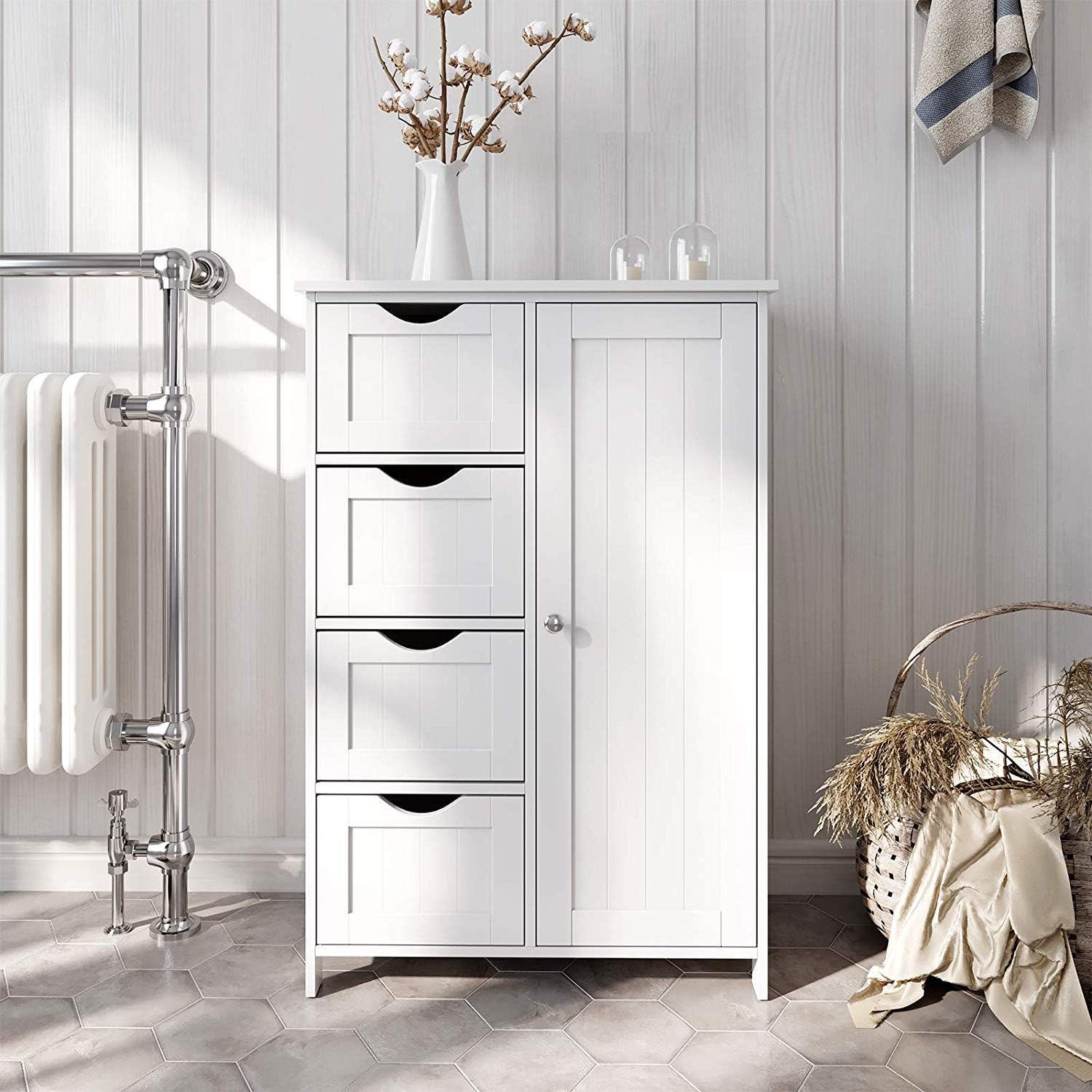 ONME Bathroom Floor Cabinet, Storage Cabinet Wooden with 1 Door & 4 Drawer, Free Standing Wooden Entryway Cupboard Spacesaver Cabinet, Entryway Cupboard, Toy Organizer Cabinet White