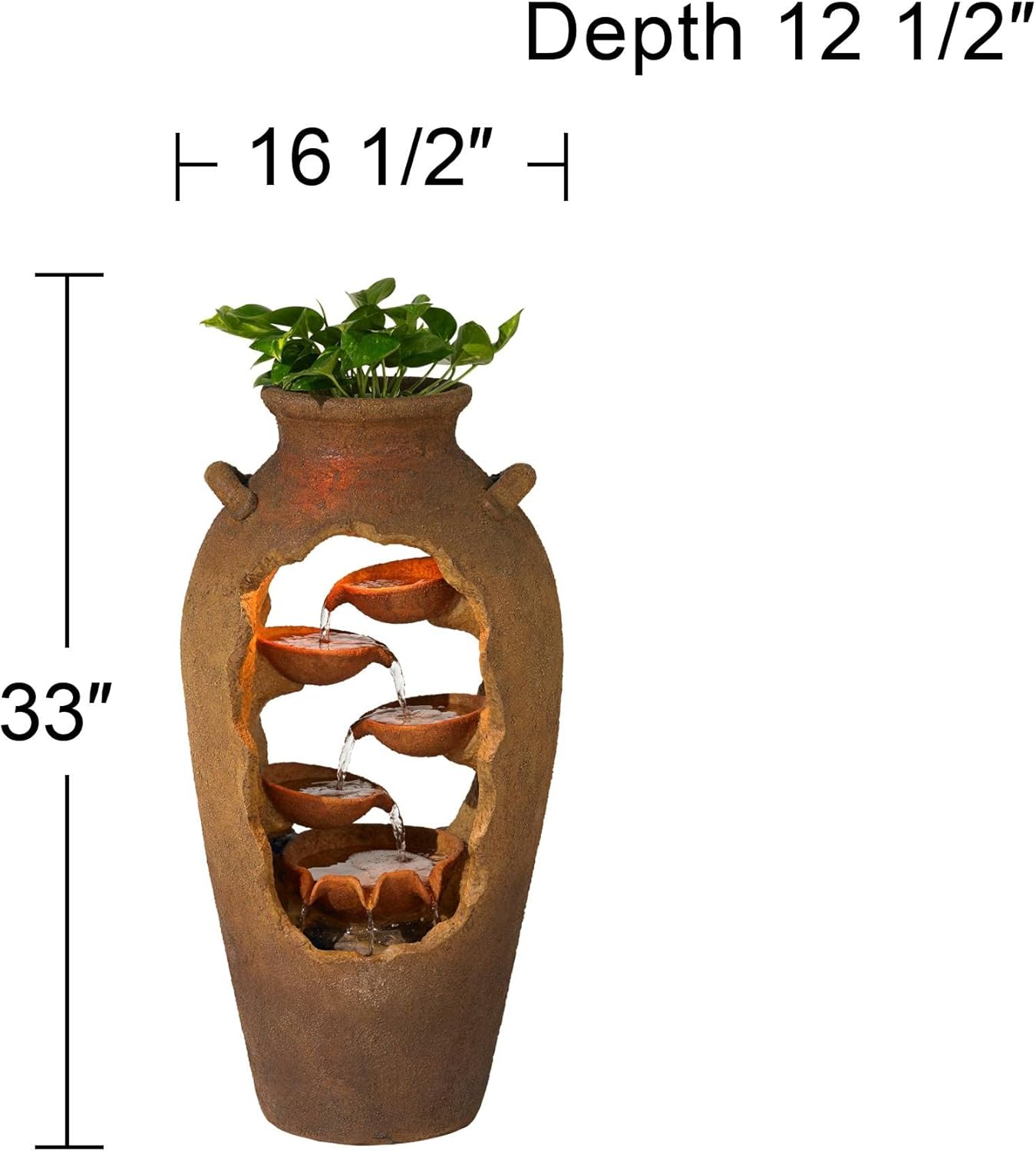 Cascade Rustic Outdoor Floor Urn Waterfalls Fountain 33" High with LED Light and Planter Decor for Garden Patio Yard Deck Home Lawn Porch House Relaxation Exterior Balcony - John Timberland