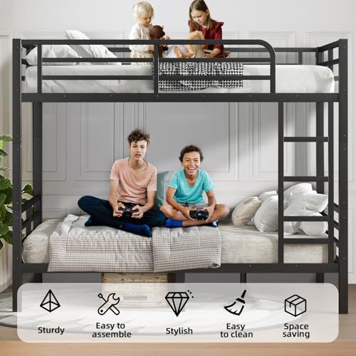 Twin XL Over Twin XL Bunk Bed, Metal Bunk Bed Frame Heavy Duty Bunk Beds Loft Bed Frame with Ladder and Guardrail Metal Slats No Box Spring Required for Adults Teens, Black