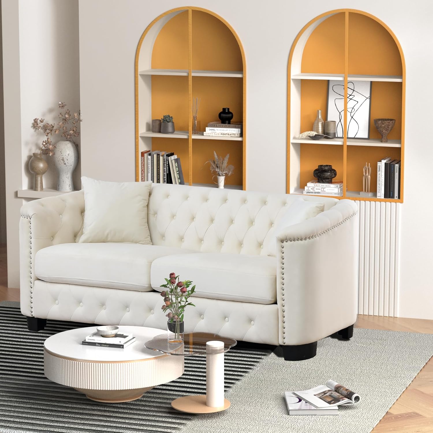 77 Inch Sofa Couch, Modern Velour Upholstered Couch Tufted Velvet Casual Sofa High Nailhead Arms Decor with 2 Pillows Big Comfy Couch Sofas for Living Room,3-Seater Couch,Beige