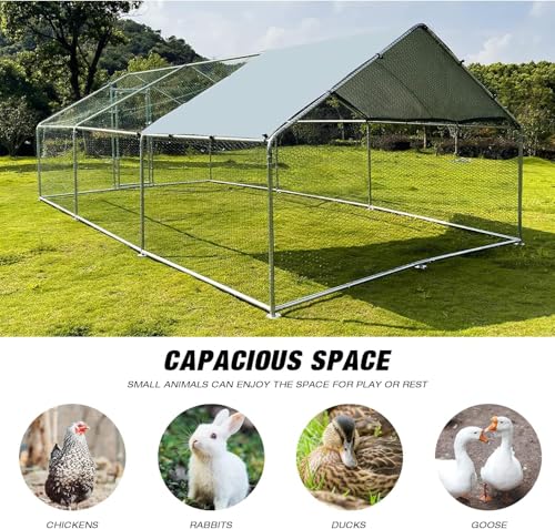 Large Metal Chicken Coop Walk-in Poultry Cage Chicken Run Pen Dog Kennel with Waterproof and Anti-Ultraviolet Cover for Outdoor Farm Use(9.8' L x 19.7' W x 6.4' H)