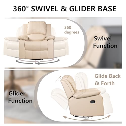 Leather Swivel Recliner Chair - Glider Recliner Chair Manual Reclining Sofa with Adjustable Footrest Modern Lounge Chair with Swivel & Glider Chair Single Recliner Chair for Living Room Office (Beige)